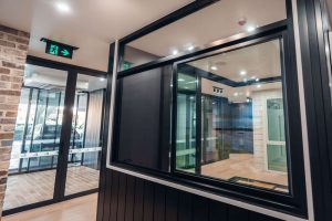 Internal view of aluminium sliding window in a showroom